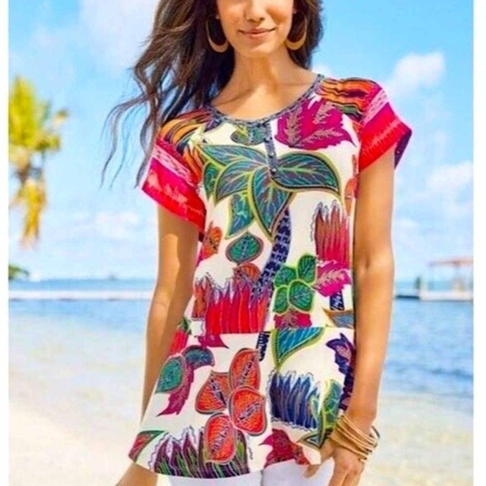 Soft‎ Surroundings Tigerwood Place Top Multi Color Tropical Floral Tunic 8710065